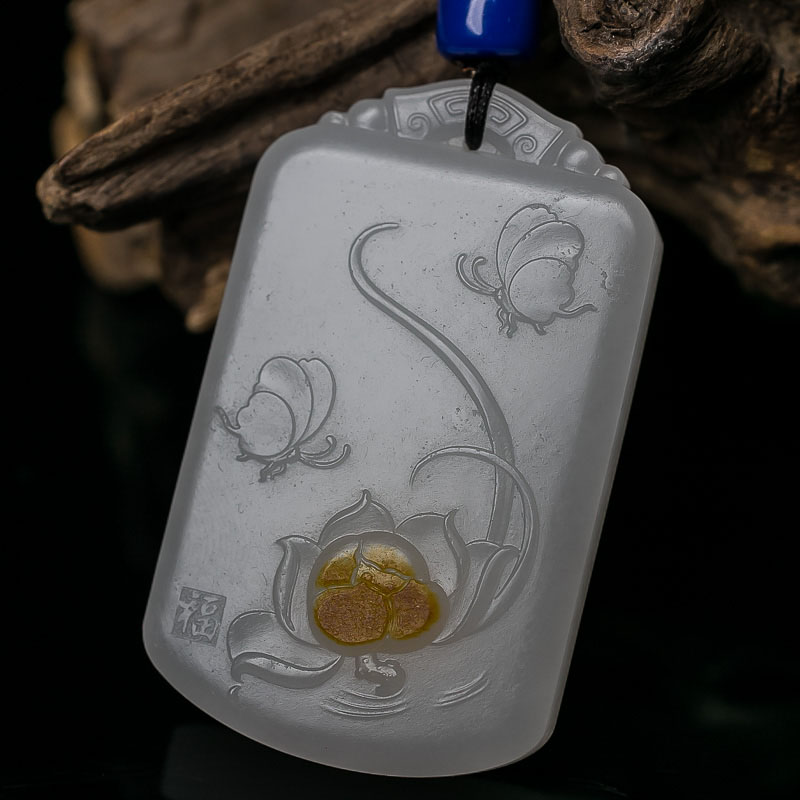 新疆天然羊脂白玉蝶恋花吊坠-红掌柜