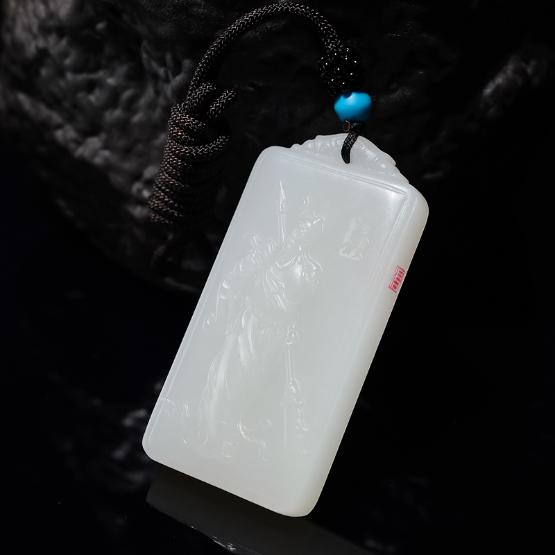 和田羊脂白玉关公吊坠-红掌柜