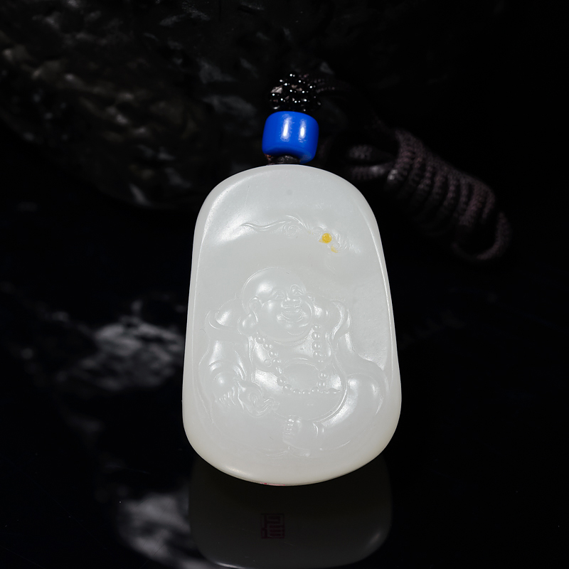 山料和田羊脂白玉弥勒佛吊坠-红掌柜