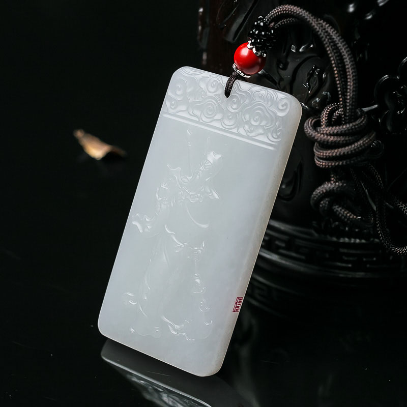 和田羊脂白玉关公吊坠-红掌柜