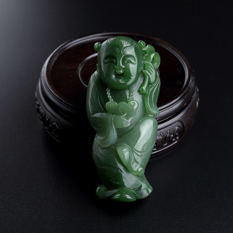 和田碧玉送财童子手把件 - 红掌柜