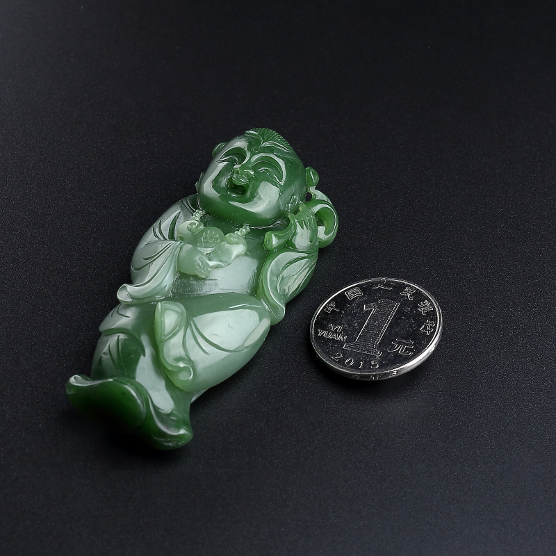 俄料碧玉送财童子手把件 - 红掌柜