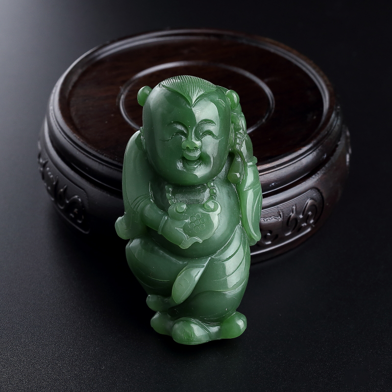和田碧玉送财童子手把件 - 红掌柜