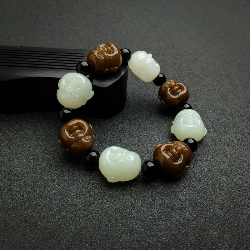 天然俏色和田玉罗汉头手串 - 红掌柜