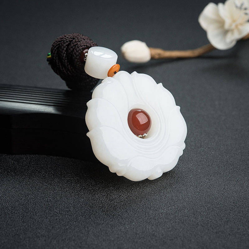 天然和田白玉莲花吊坠 - 红掌柜