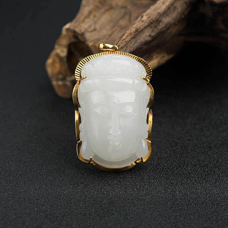 18K金镶青海天然和田白玉观音吊坠 - 红掌柜