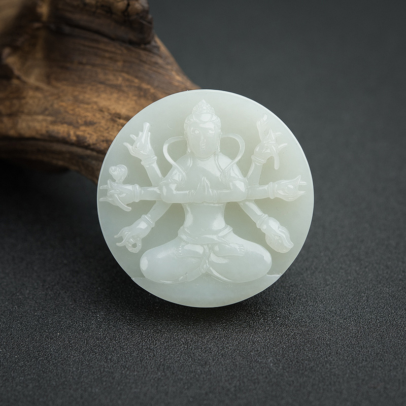 俄罗斯天然山料和田青白玉千手观音吊坠 - 红掌柜