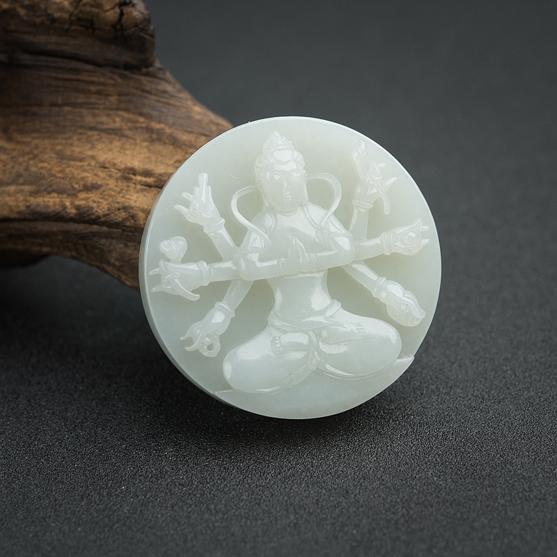 天然山料和田青白玉千手观音吊坠 - 红掌柜