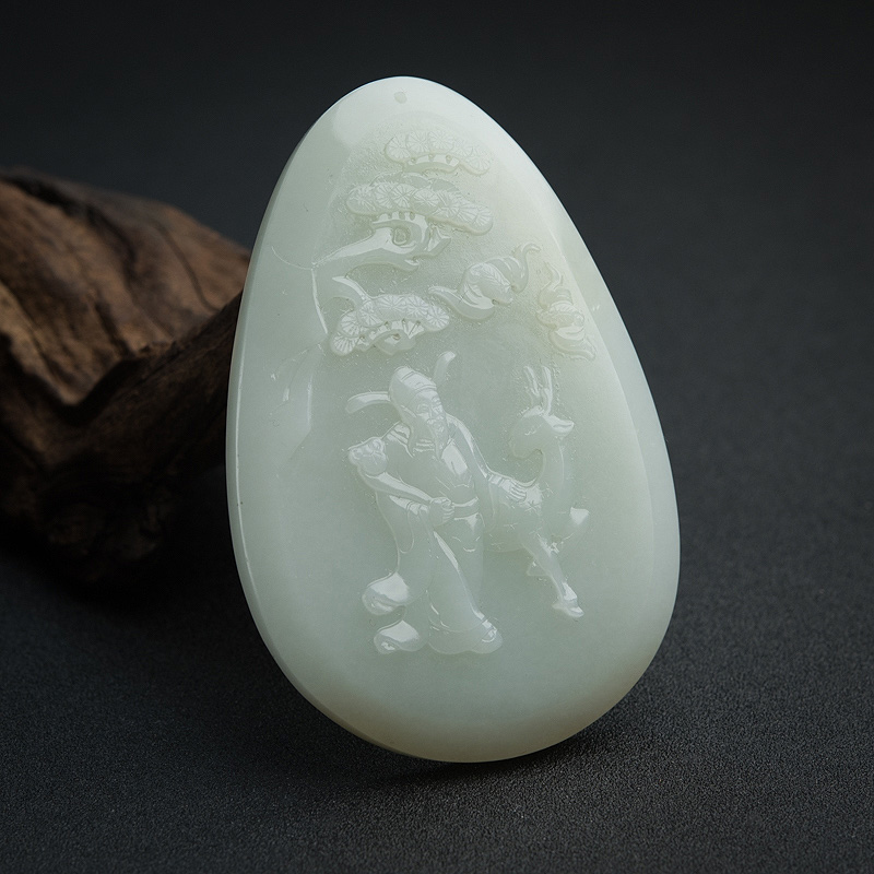 山料青白玉福禄寿手把件-红掌柜