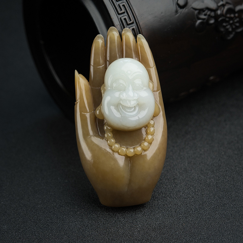 俄料山料俏色和田玉心中有佛手把件-红掌柜