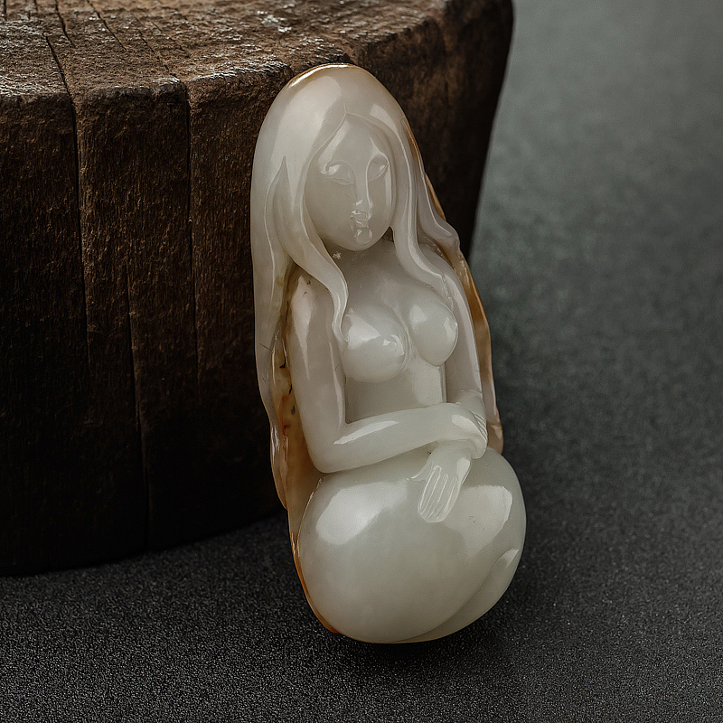 和田玉山料美女手把件-红掌柜