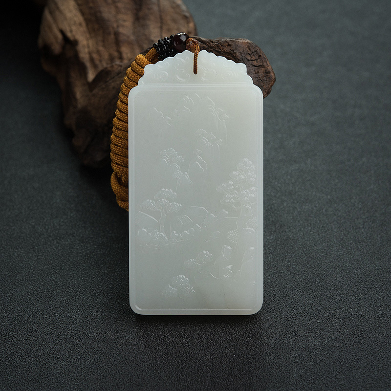 山料和田白玉山水意境牌吊坠-红掌柜