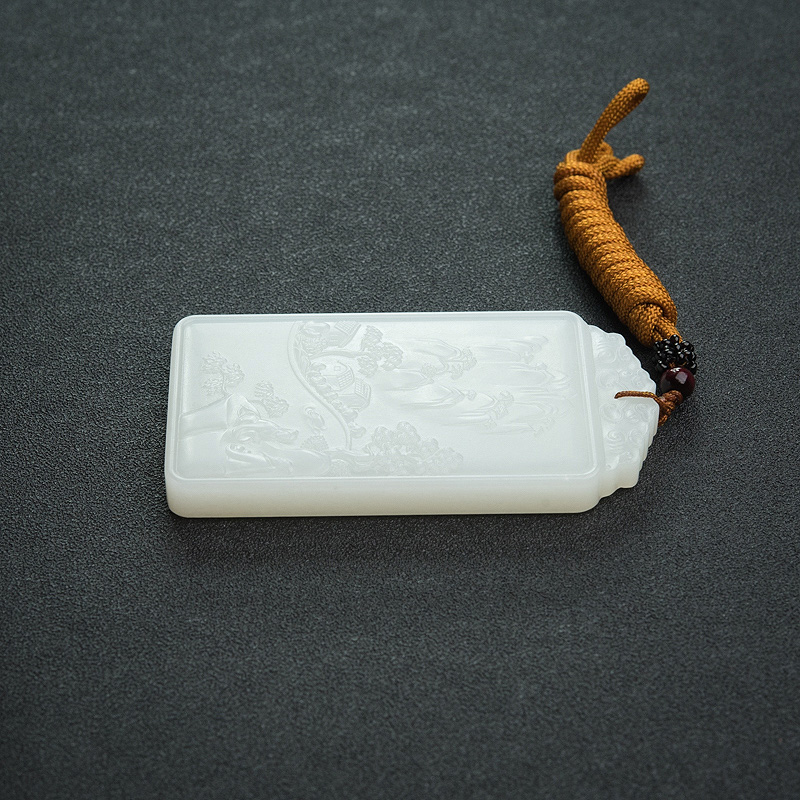 俄罗斯和田白玉山水意境牌吊坠-红掌柜