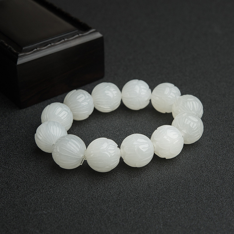 天然和田白玉莲花珠单圈手串-红掌柜