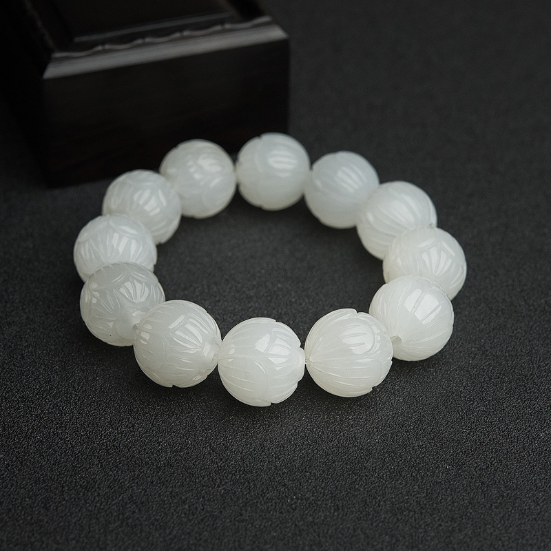 山料天然和田玉莲花珠单圈手串-红掌柜