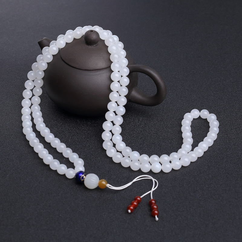 8mm山料和田白玉108佛珠-红掌柜