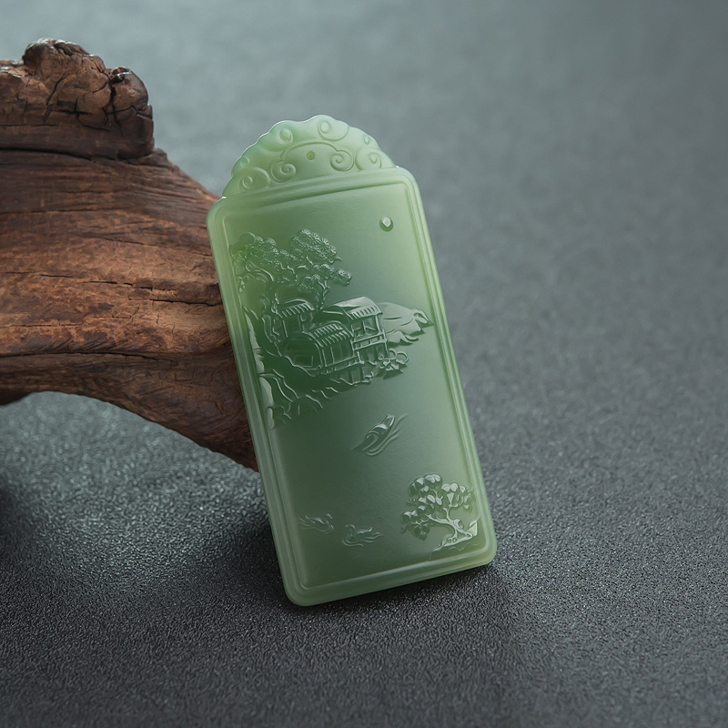 和田碧玉山水意境牌吊坠-红掌柜