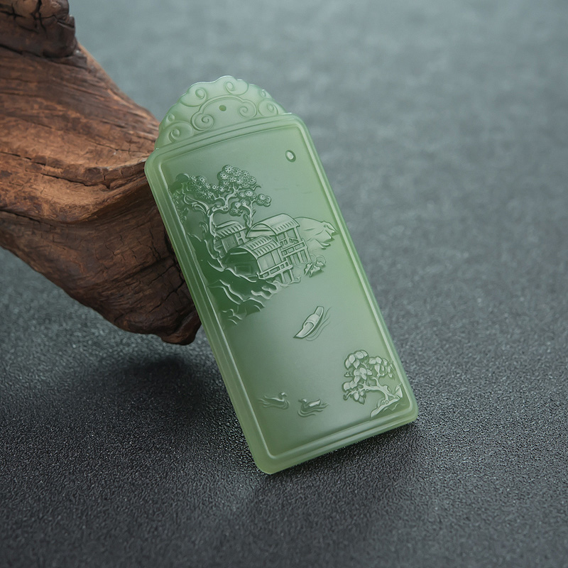 天然和田碧玉山水意境牌吊坠-红掌柜