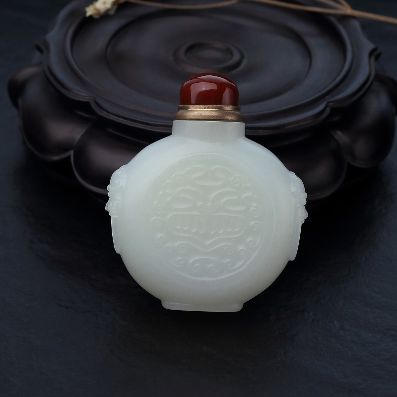 俄料天然山料和田白玉兽面鼻烟壶-红掌柜