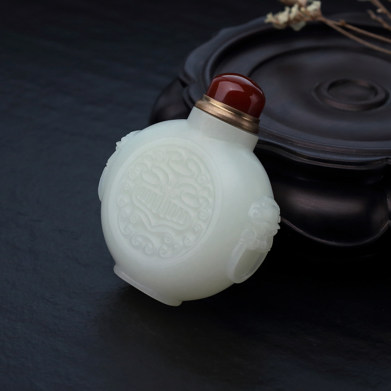 天然山料和田白玉兽面鼻烟壶-红掌柜