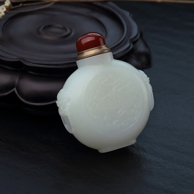 俄料山料和田白玉兽面鼻烟壶-红掌柜