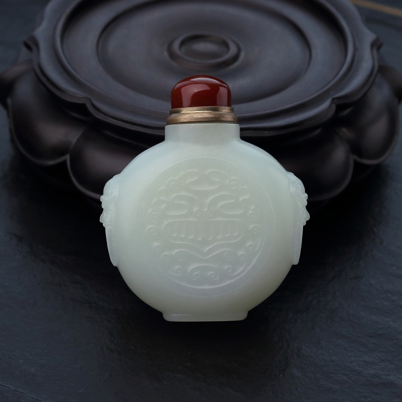 俄料天然和田白玉兽面鼻烟壶-红掌柜