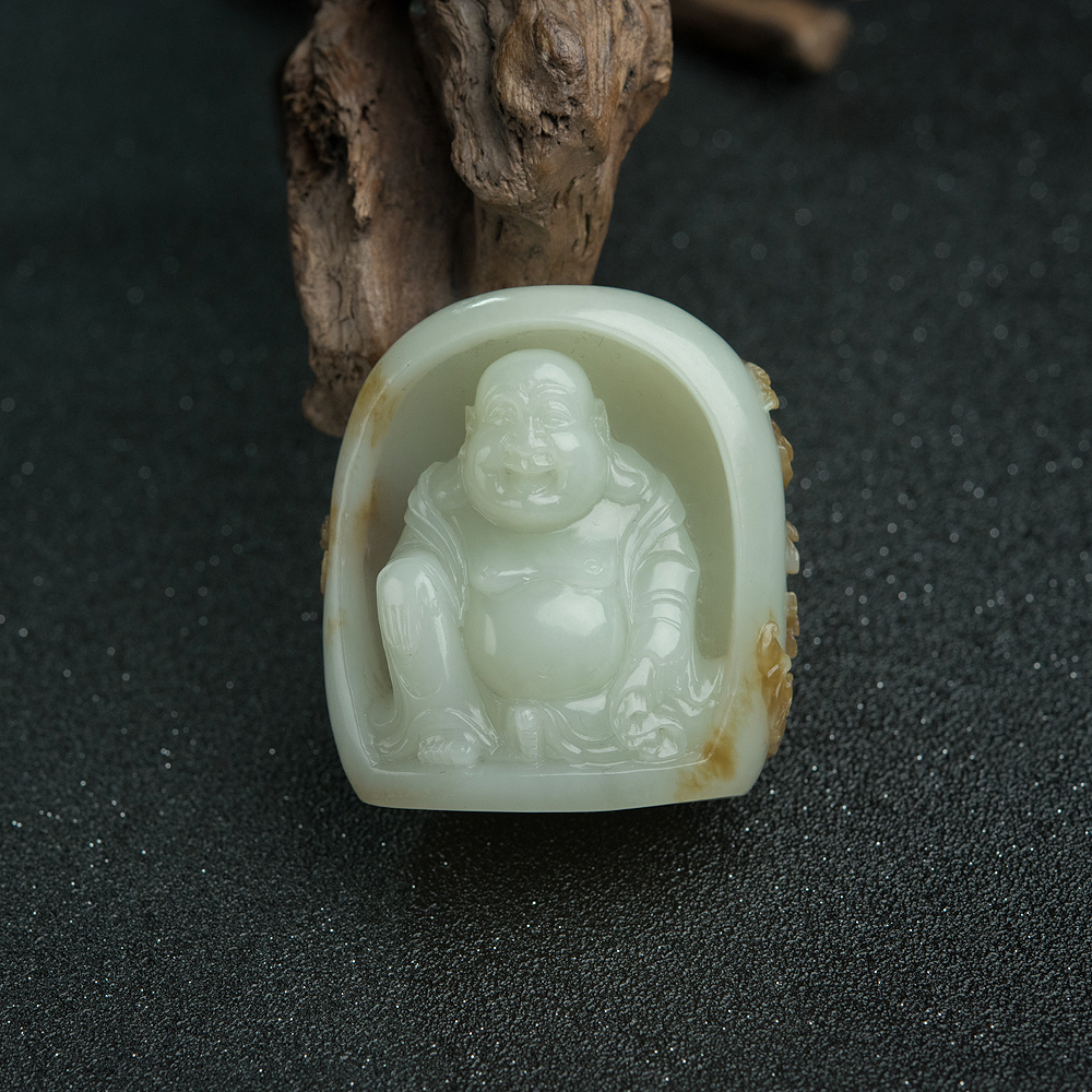 山料俏色和田玉弥勒佛手把件-红掌柜