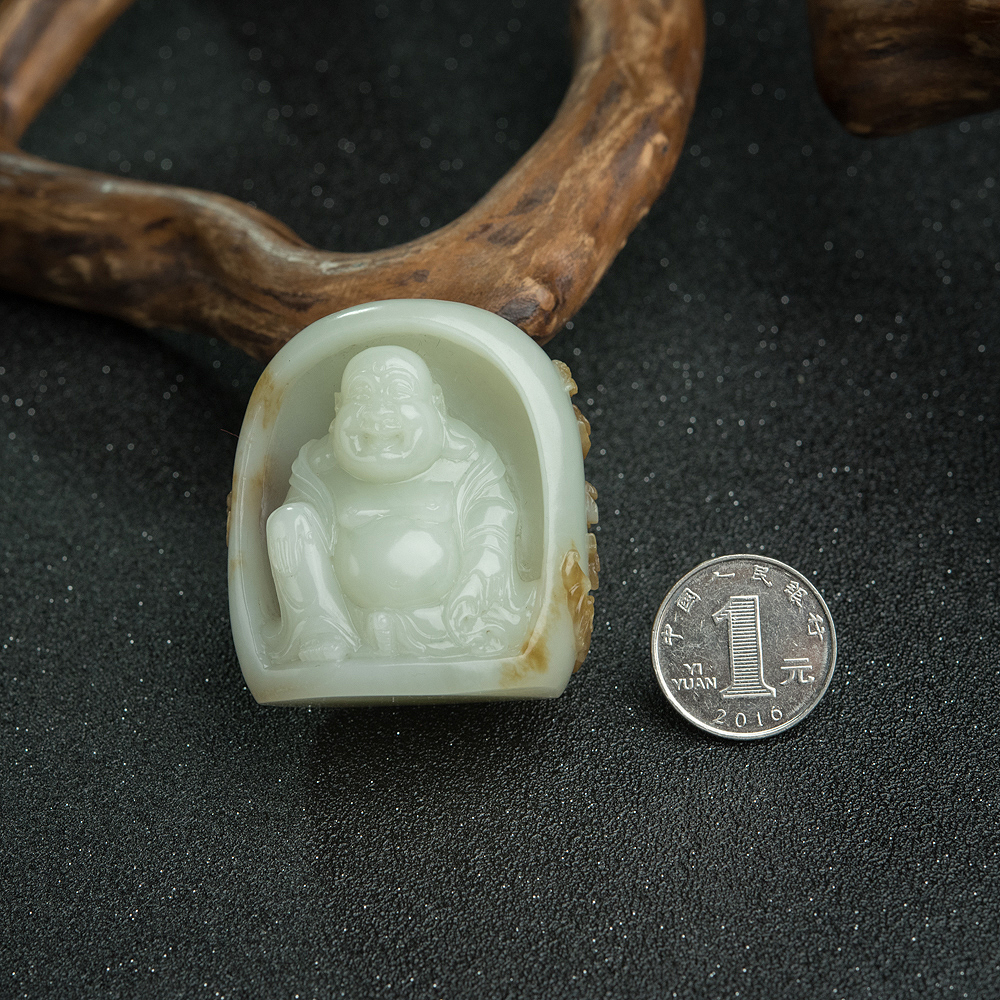 天然和田玉弥勒佛手把件-红掌柜