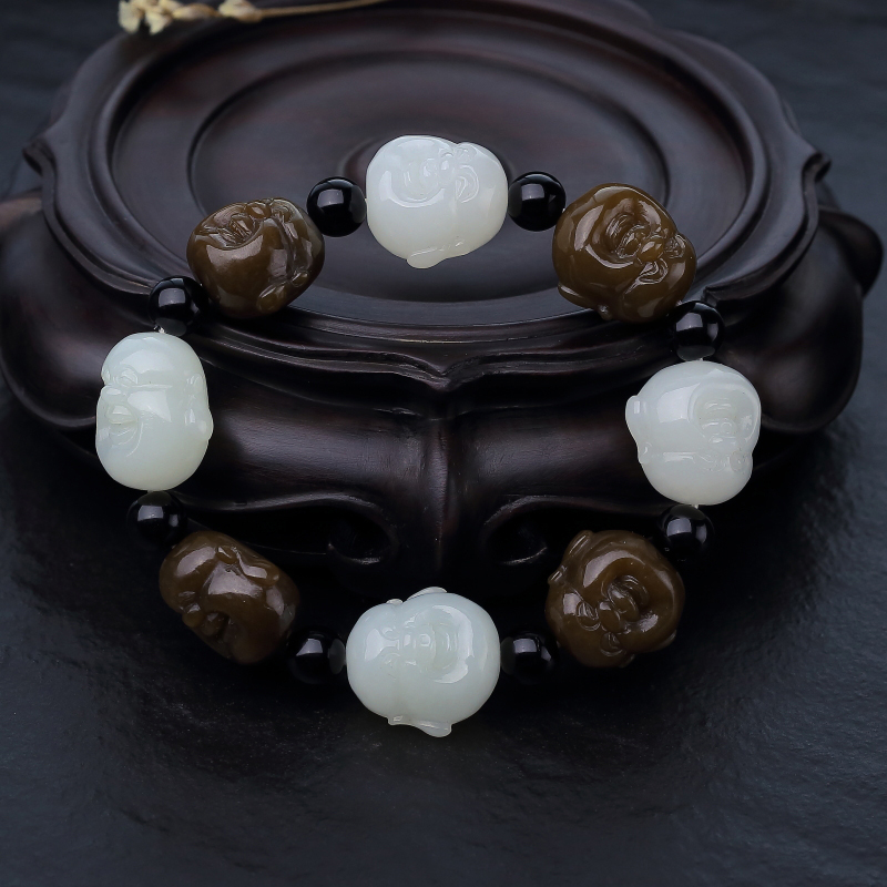 天然双色和田玉罗汉头单圈手串-红掌柜