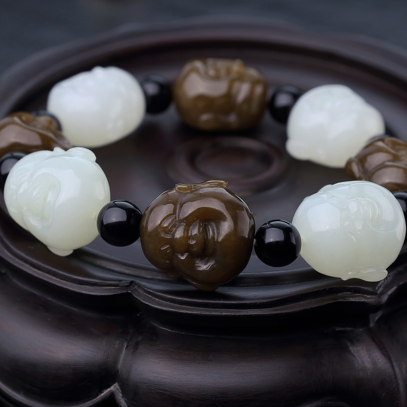 天然双色和田玉罗汉头手串-红掌柜