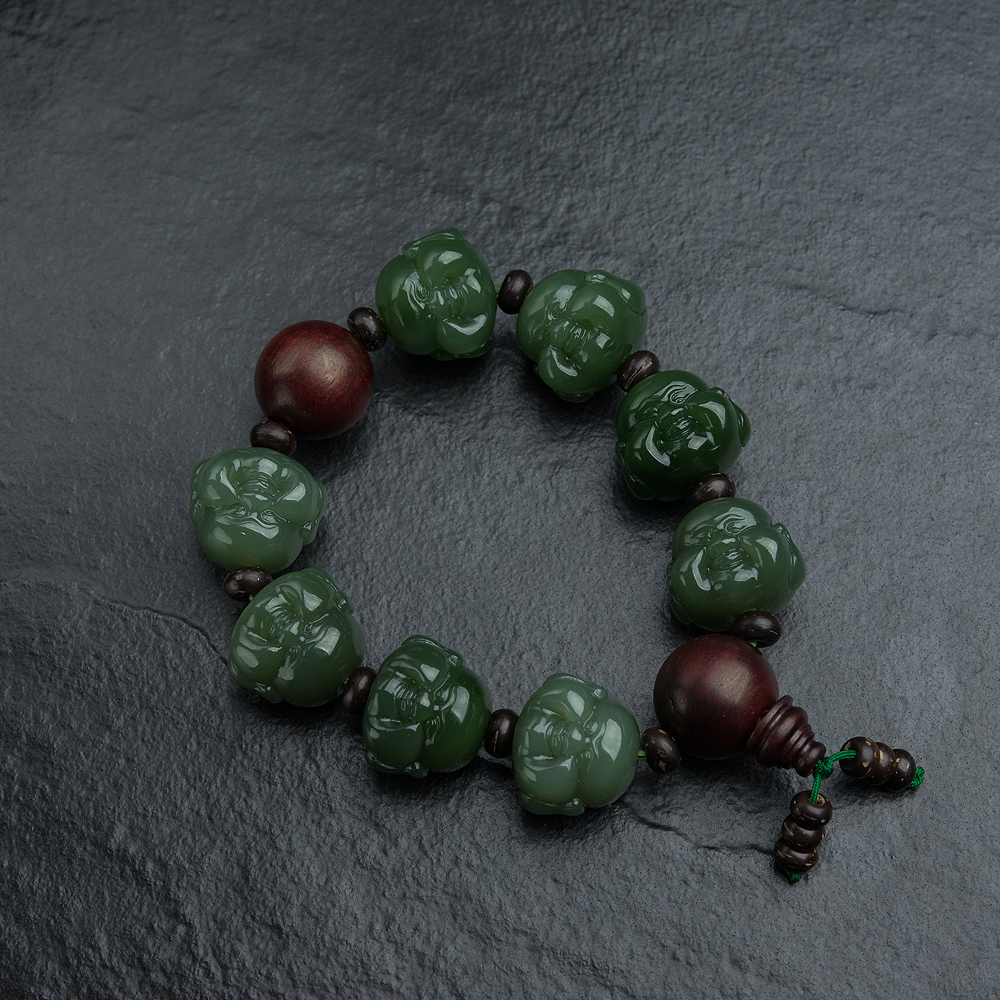 山料和田碧玉佛头手串-红掌柜