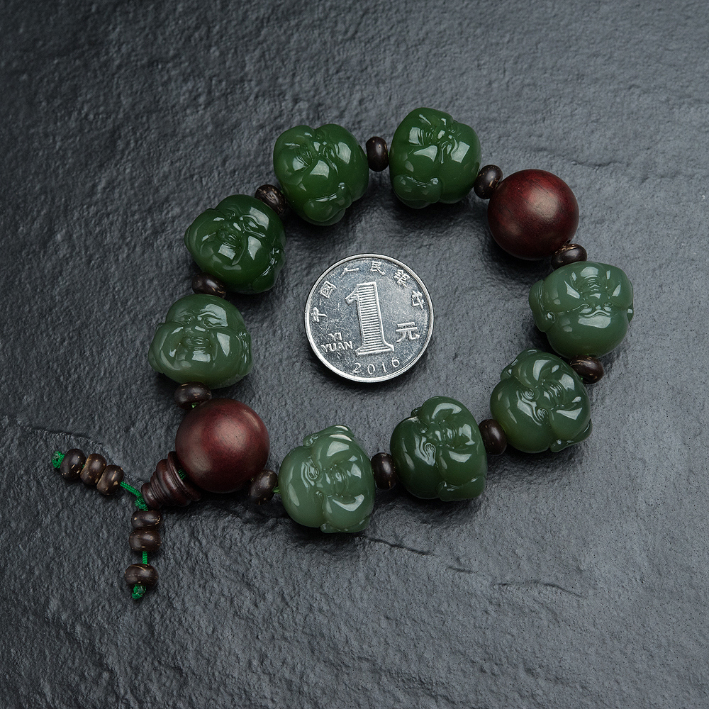 俄罗斯天然和田玉佛头手串-红掌柜