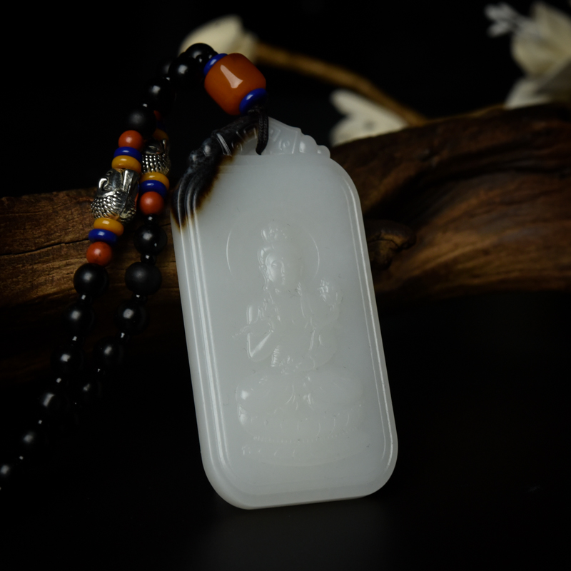 天然山料俏色和田玉大势至菩萨吊坠-红掌柜