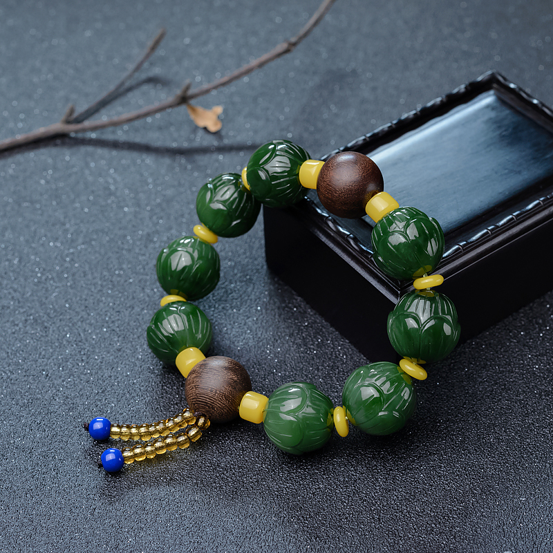 山料和田碧玉莲花珠单圈手串-红掌柜