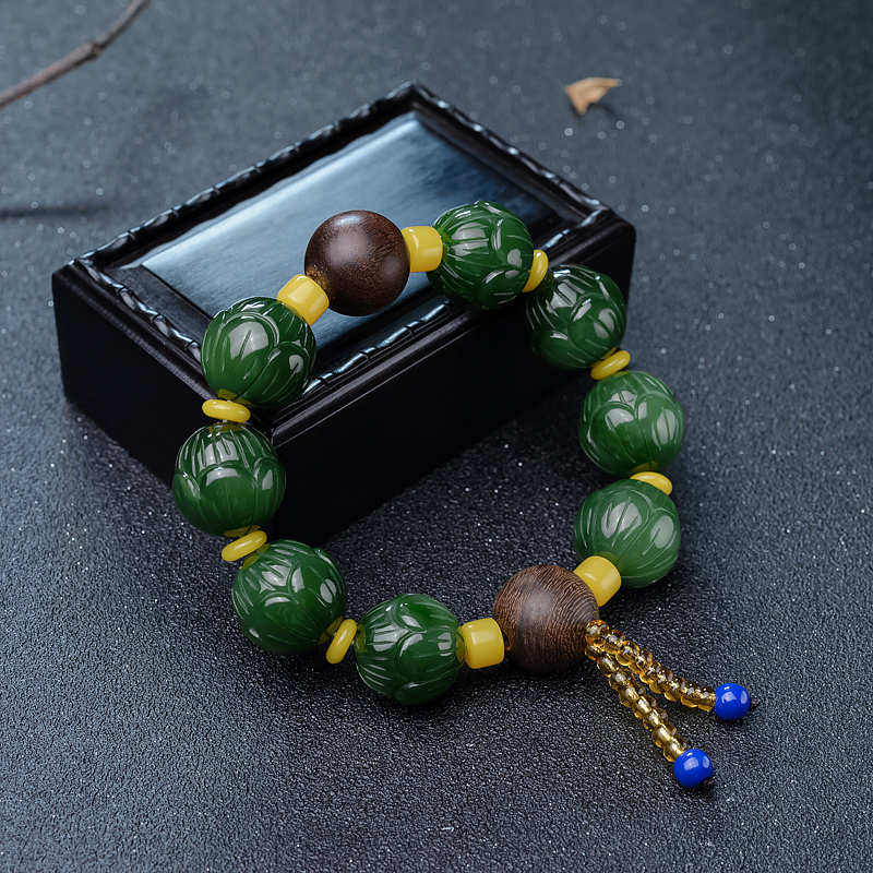 和田碧玉莲花珠单圈手串-红掌柜