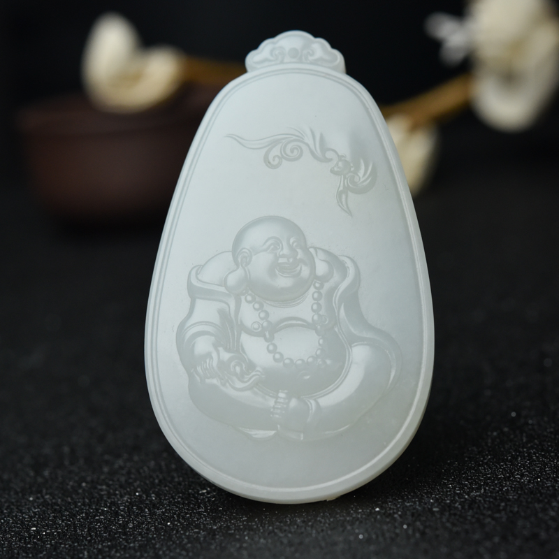 天然山料和田白玉弥勒佛吊坠-红掌柜