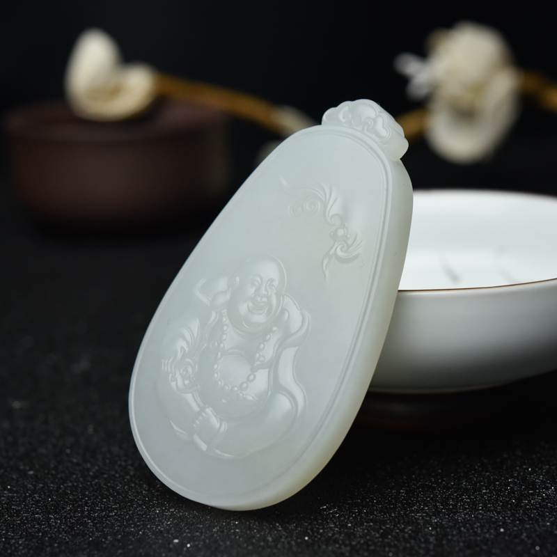 天然和田白玉弥勒佛吊坠-红掌柜