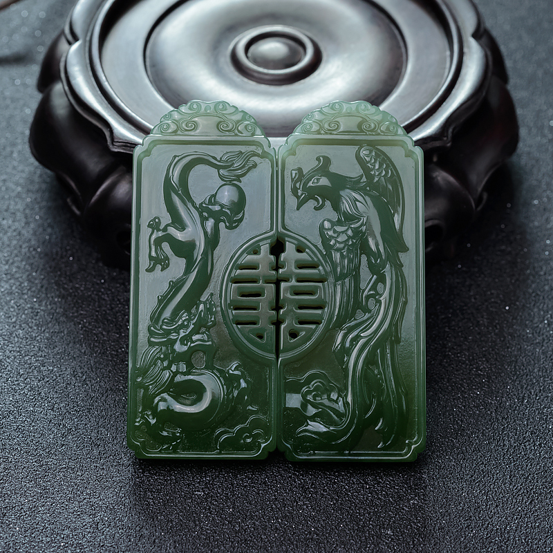 天然山料和田碧玉龙凤呈祥对牌-红掌柜