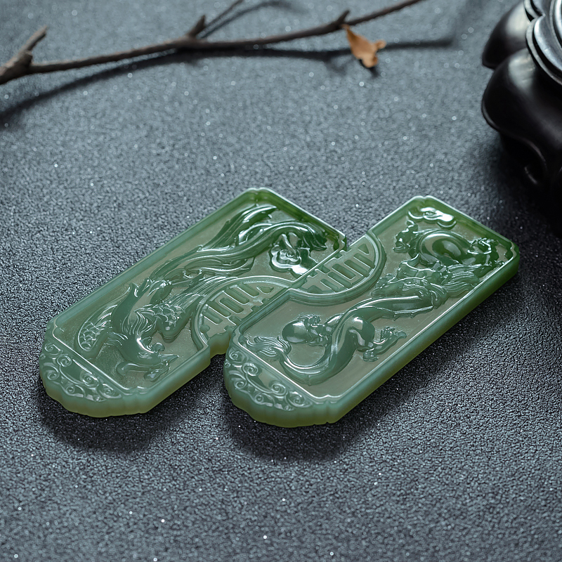 和田碧玉龙凤呈祥对牌-红掌柜