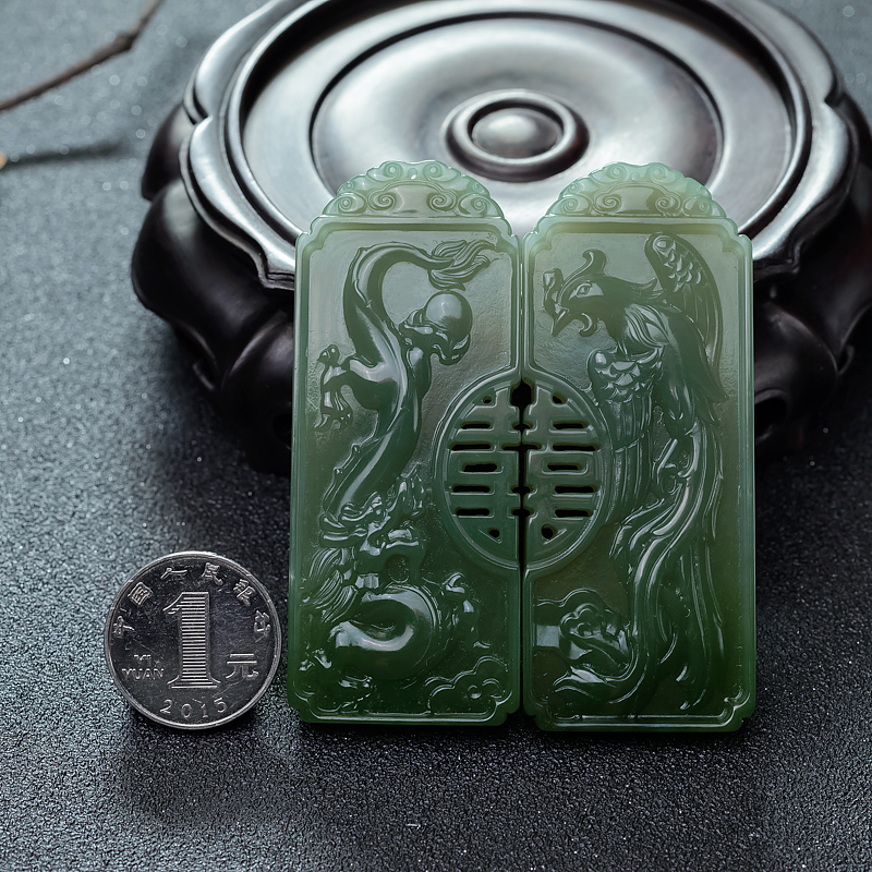 和田碧玉龙凤呈祥对牌-红掌柜