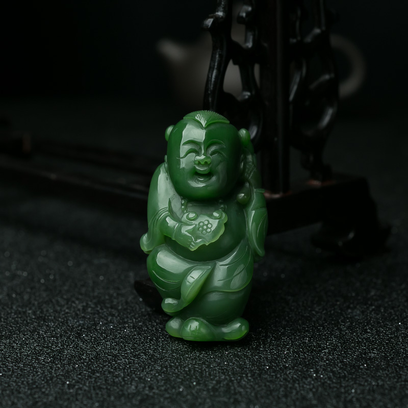 俄料天然山料和田碧玉童子吊坠-红掌柜