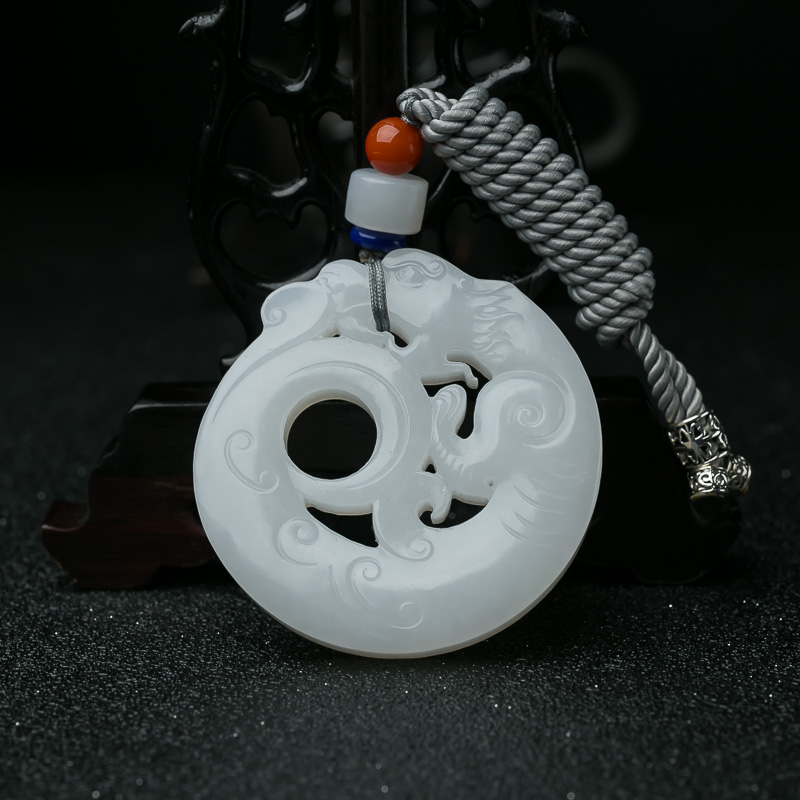 俄料天然山料和田白玉镂雕仿古龙吊坠-红掌柜