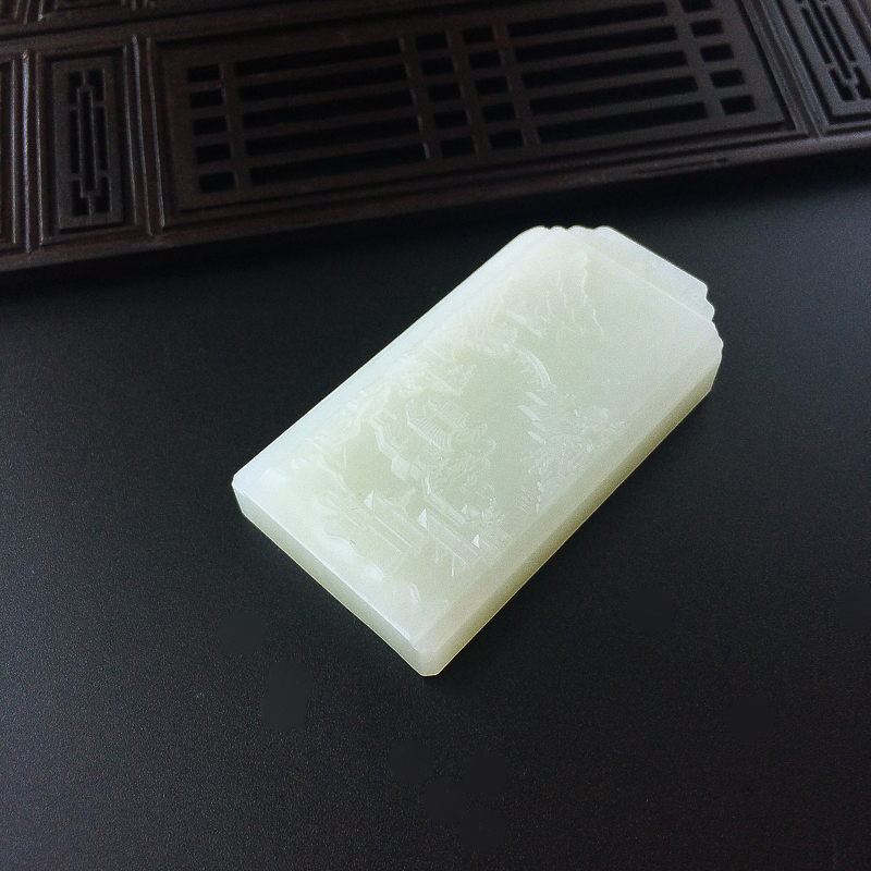 俄料和田玉山水牌吊坠-红掌柜