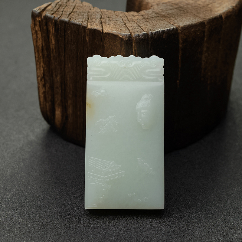 俄罗斯山料和田白玉山水意境牌吊坠-红掌柜