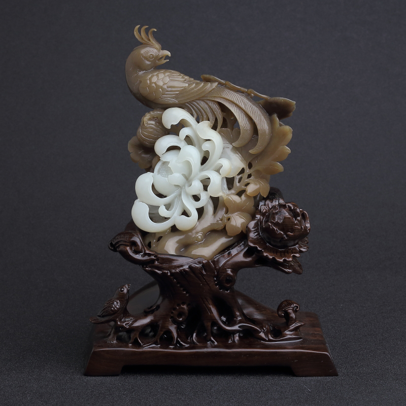 俄罗斯天然山料和田白玉凤凰摆件-红掌柜