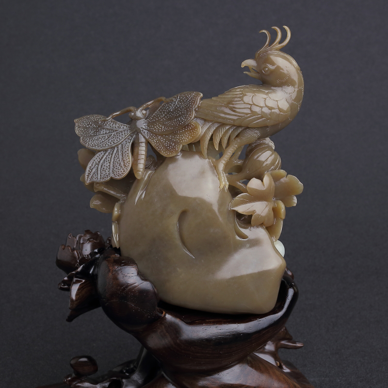 俄罗斯天然和田白玉凤凰摆件-红掌柜