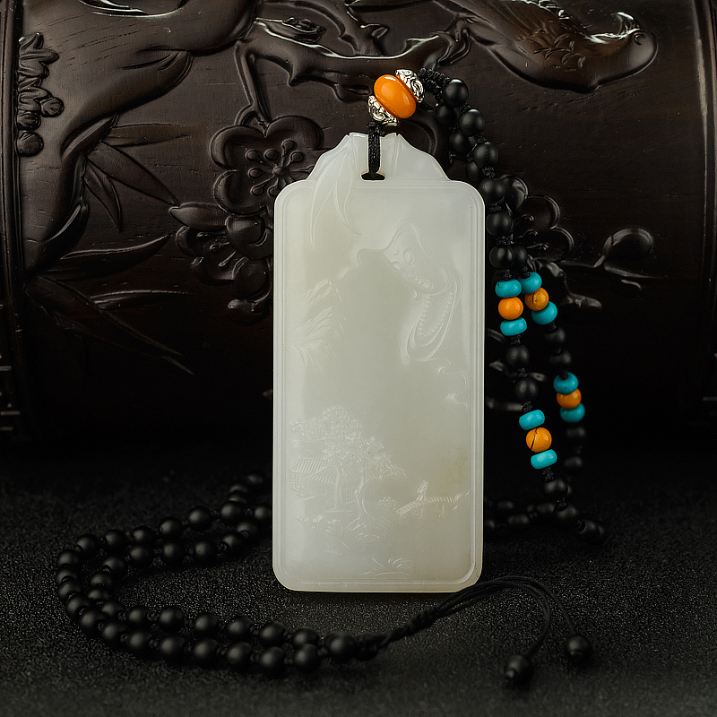 俄罗斯天然和田白玉观音山水意境吊坠 - 红掌柜