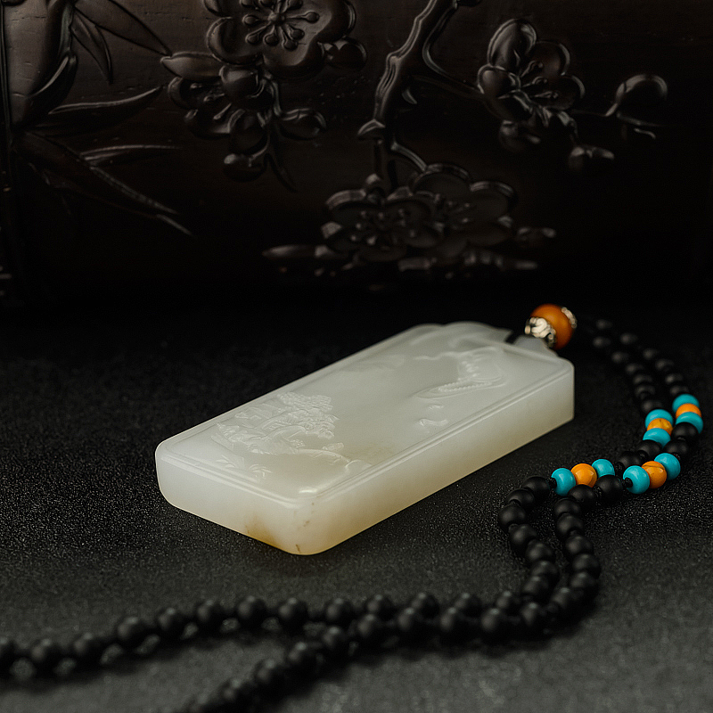 俄罗斯和田白玉观音山水吊坠 - 红掌柜