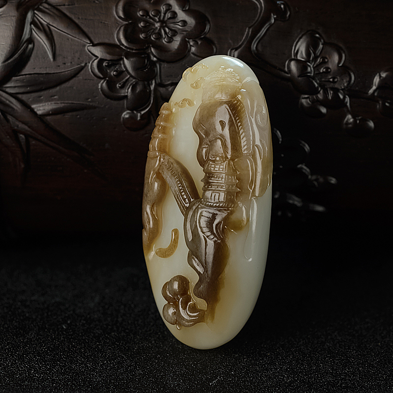 天然山料俏色和田玉山水意境吊坠 - 红掌柜