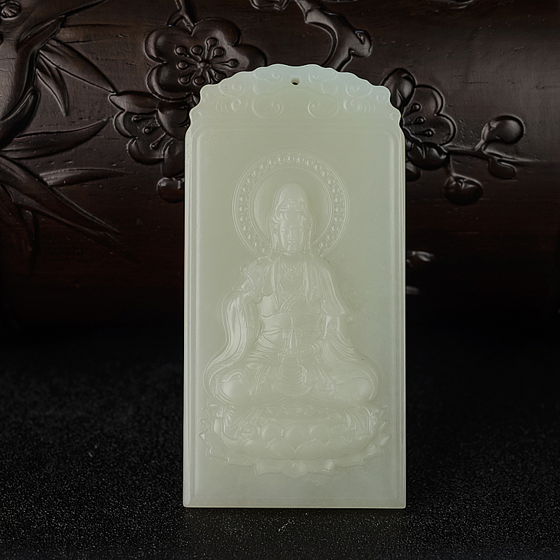 俄罗斯天然山料和田青白玉观音吊坠 - 红掌柜